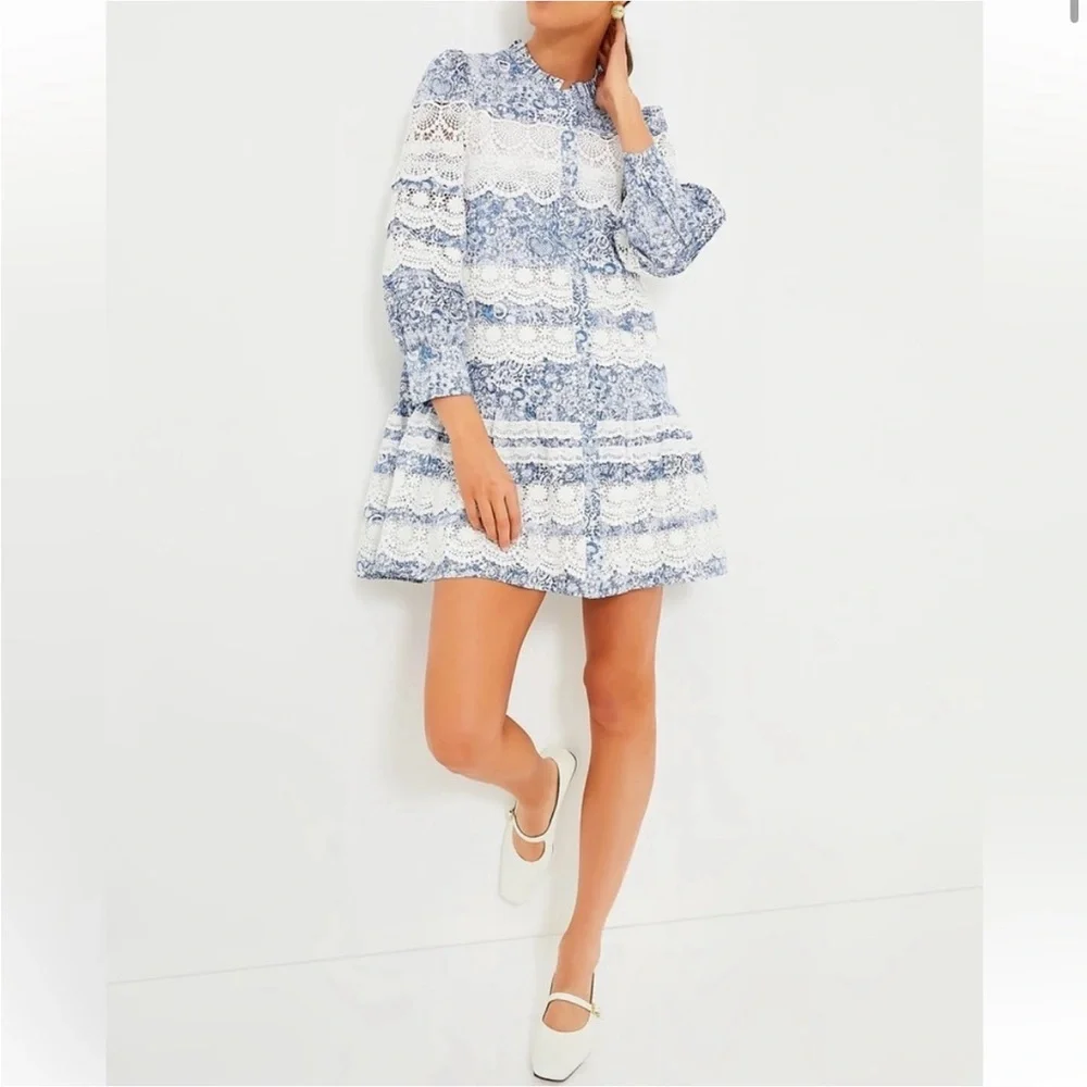🤍HYACINTH HOUSE Lace Trim Blue Etched
Floral Emmie Mini Dress🩵 - Picture 6 of 11